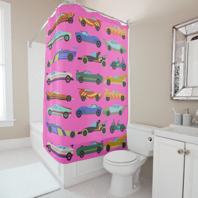 Kids Pink Race Car Shower Curtain (In Situ)