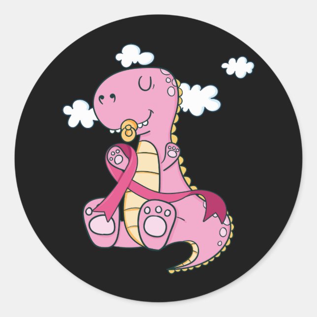 Kids Pink Ribbon T Rex Dinosaur Breast Cancer Awar Classic Round Sticker (Front)