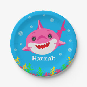 Kids Pink Shark Personalised Birthday  Paper Plate