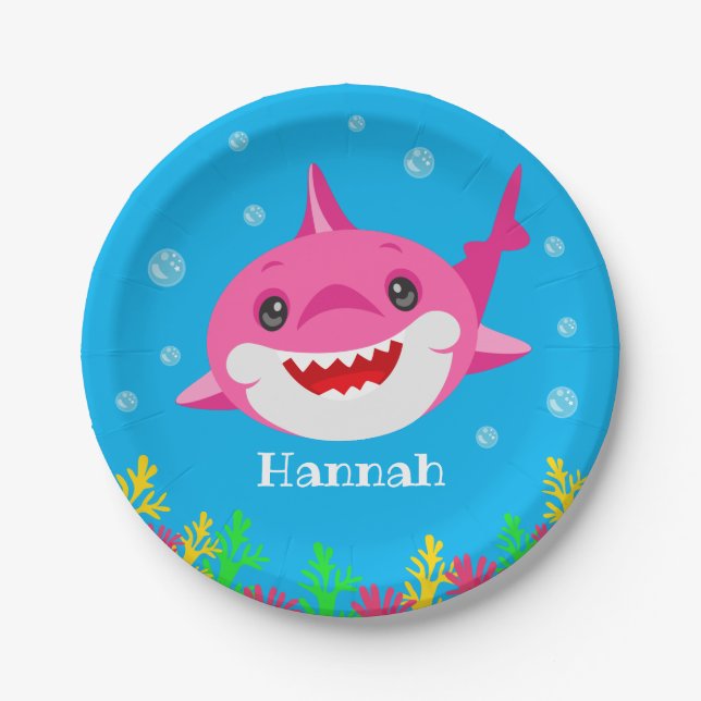 Kids Pink Shark Personalised Birthday  Paper Plate (Front)