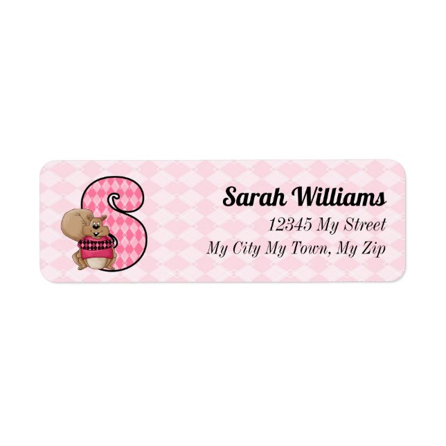Kid's Pink Squirrel Monogram Letter S Address (Front)
