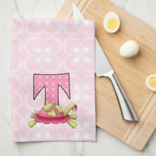 Kids Pink Turtle Monogram Letter T Tea Towel