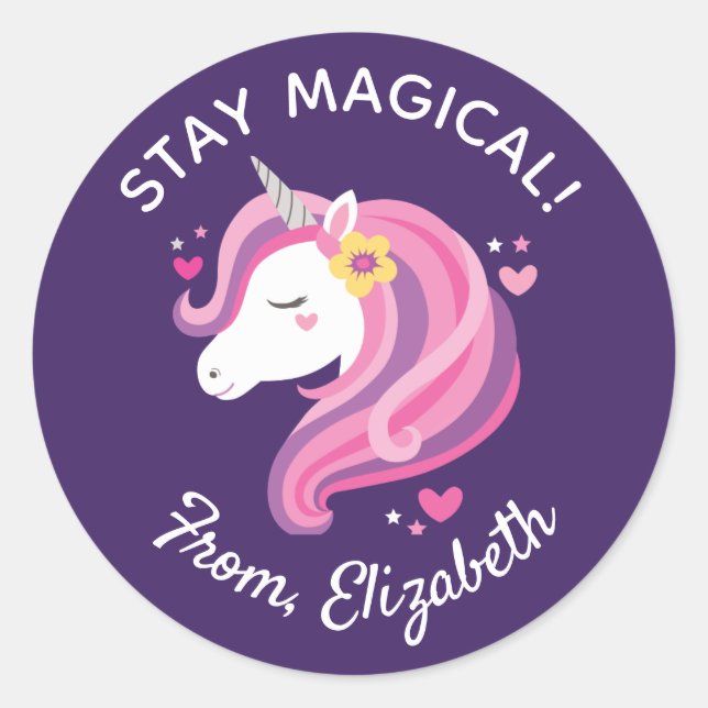 Kids Pink Unicorn Face Valentines Day Classroom Classic Round Sticker (Front)