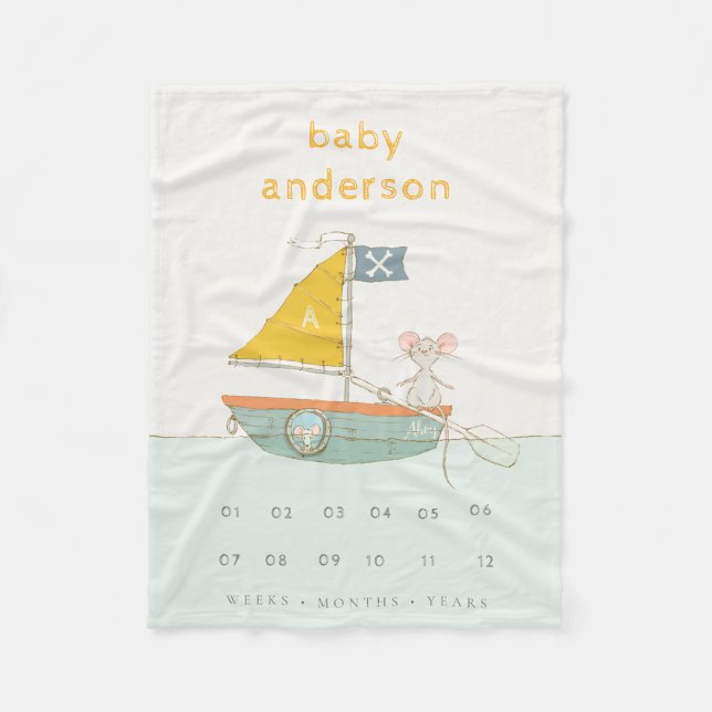 Kids Pirate Mouse Sailboat Monogram Baby Milestone Fleece Blanket (Front)