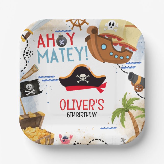 Kids Pirate Party | Ahoy Matey Pirate Birthday  Paper Plate (Front)