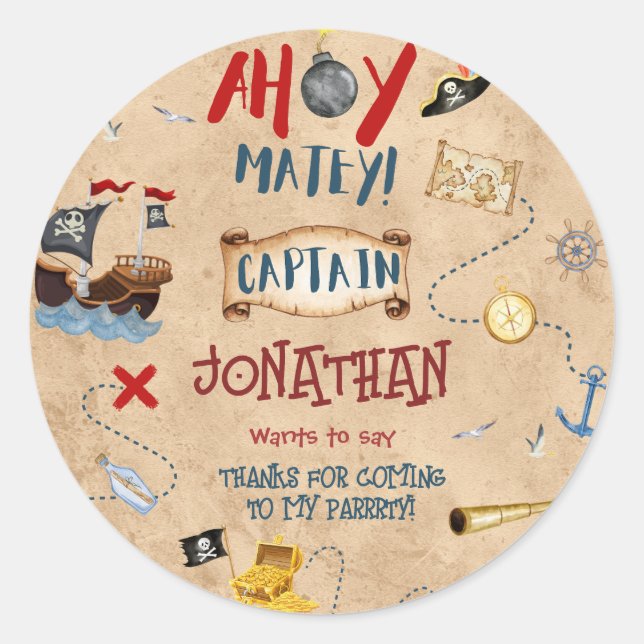 Kids pirate party birthday thank you  classic round sticker (Front)