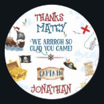 Kids pirate party birthday thank you Favour Classic Round Sticker<br><div class="desc">This pirate-themed birthday features a Pirate ship,  Anchor,  a pirate hook hidden treasure chest,  and all that belongs to the true pirate party. If you need coordinating MATCHING ITEMS,  please check our matching collection or shop.</div>