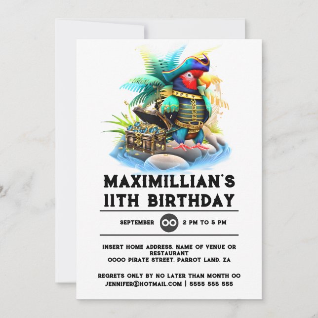 Kids pirate party parrot captain treasure chest  invitation (Front)