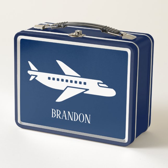 Kids Plane Boys Blue Custom Name Metal Lunch Box (Front)