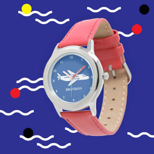 Kids Plane Boys Blue Custom Name Watch