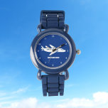 Kids Plane Boys Blue Custom Name Watch<br><div class="desc">Blue,  plane,  aeroplane,  aircraft,  transport,  vehicle,  watch for kids. Custom,  Kids,  Name,  steel blue boys watch. Personalise it with your child's name.</div>
