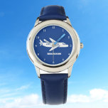 Kids Plane Boys Blue Custom Name Watch<br><div class="desc">Blue,  plane,  aeroplane,  aircraft,  transport,  vehicle,  watch for kids. Custom,  Kids,  Name,  steel blue boys watch. Personalise it with your child's name.</div>