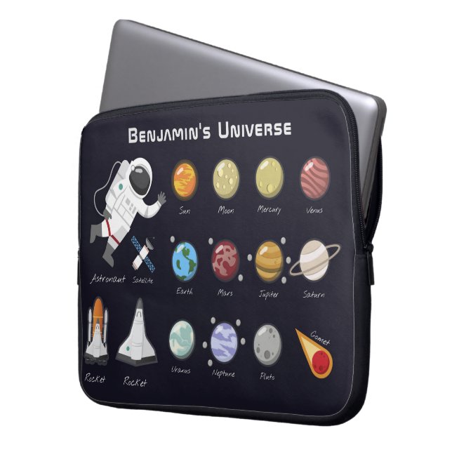 Kids Planets Astronaut Monogram Colourful Universe Laptop Sleeve (Front Left)