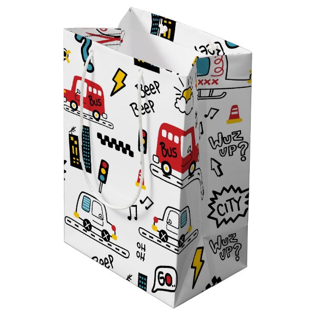 Kids Playful Transport Pattern  Medium Gift Bag (Back Angled)