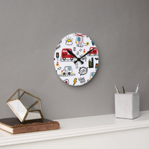 Kids Playful Transport Pattern Round Clock
