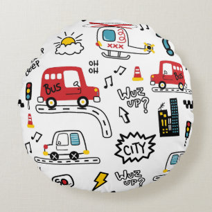Kids Playful Transport Pattern Round Cushion