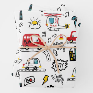 Kids Playful Transport Pattern Wrapping Paper Sheet