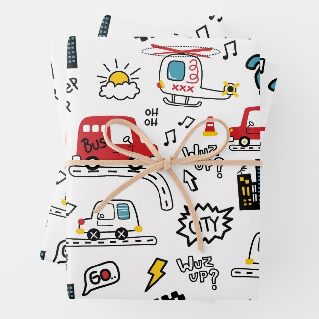 Kids Playful Transport Pattern  Wrapping Paper Sheet (In situ)