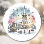 Kids Playing at Church at Christmas Time Classic Round Sticker<br><div class="desc">Pretty whimsical watercolor church and chapel,  Christmas tree and children playing in the snow Christmas stickers.</div>