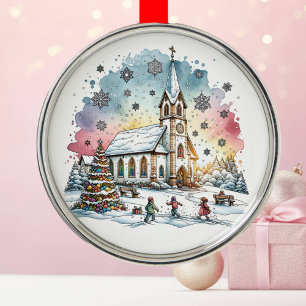 Kids Playing at Church at Christmas Time Metal Tree Decoration