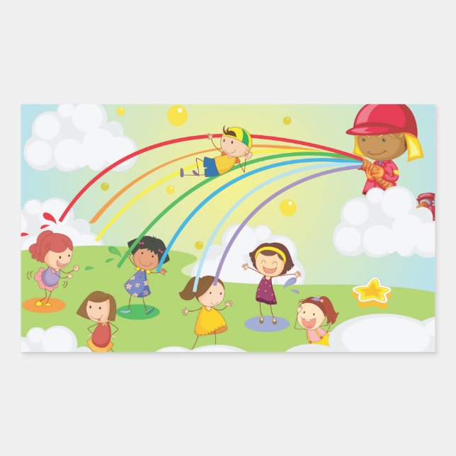 Kids Playing Under Rainbow Firefighter Spray Rectangular Sticker (Front)