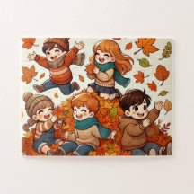 Kids playing with a pile of fallen leaves