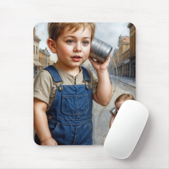 Kids Playing With Retro Tin Can Telephone Mouse Mat (With Mouse)