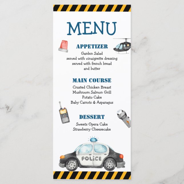 Kid's Police Birthday Party Menu (Front)