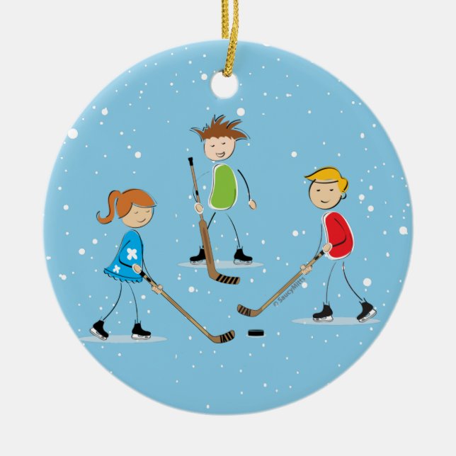 Kids Pond Hockey Christmas Ceramic Tree Decoration (Front)