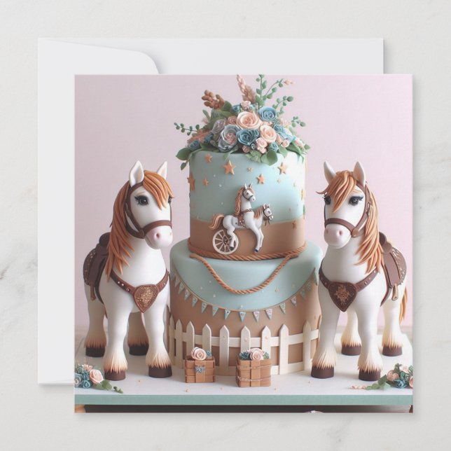 KIDS PONIES DECORATED BIRTHDAY CAKE  INVITATION (Front)