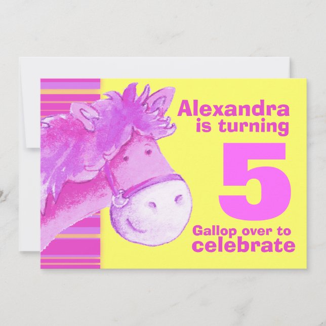 Kids pony 5th birthday pink yellow birthday invite (Front)