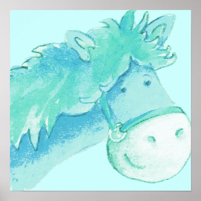 Kids pony art aqua & green square poster print (Front)