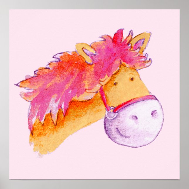 Kids pony art pink orange square poster print (Front)