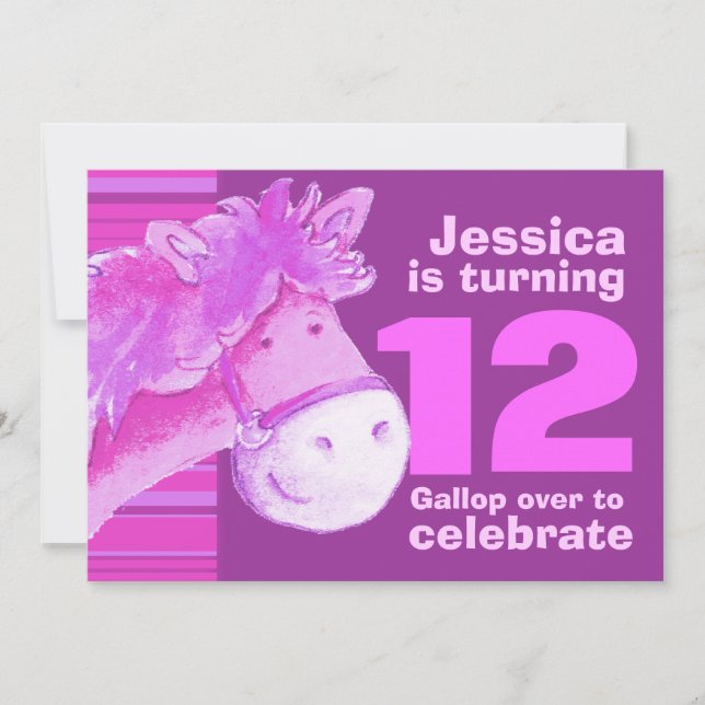 Kids pony treking 12 birthday purple pink invite (Front)