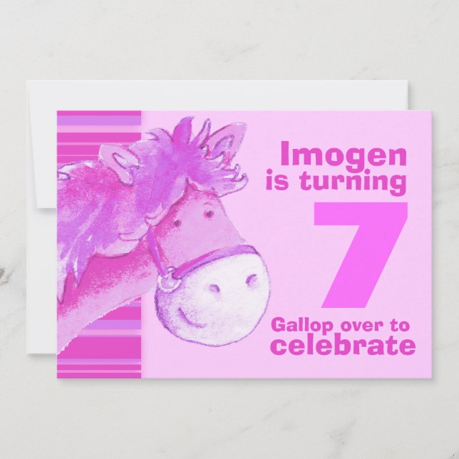 Kids pony treking 7 birthday pink birthday invite (Front)