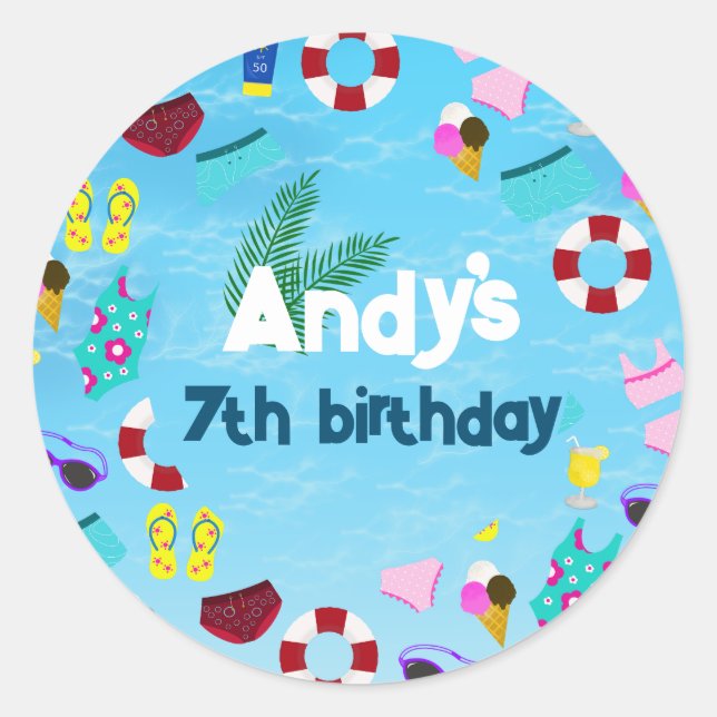 Kid's Pool Birthday Party  Classic Round Sticker (Front)