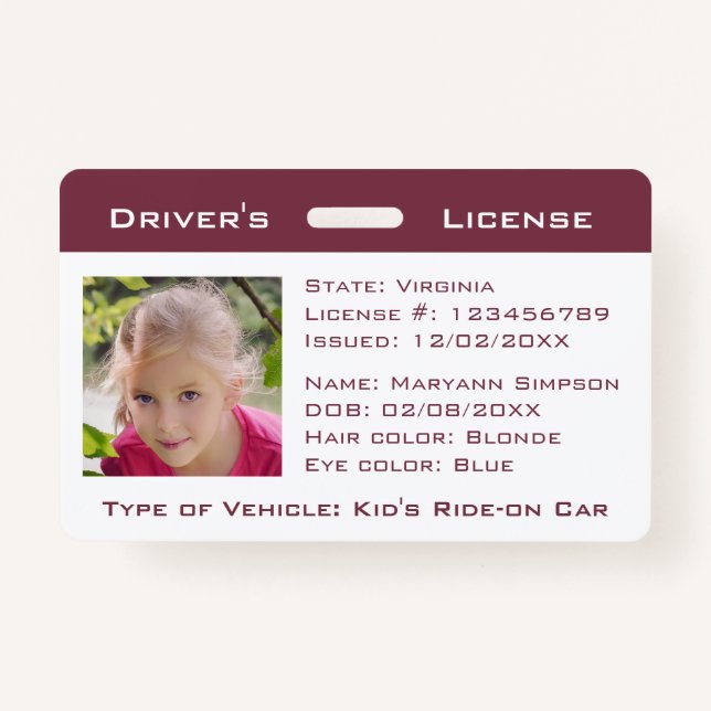 Kids Pretend Driver's License Bike Ride-On Cars ID Badge (Front)
