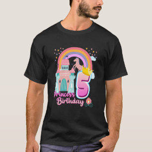 Kids Princess 5th Birthday Horse Rainbow Castle Bi T-Shirt