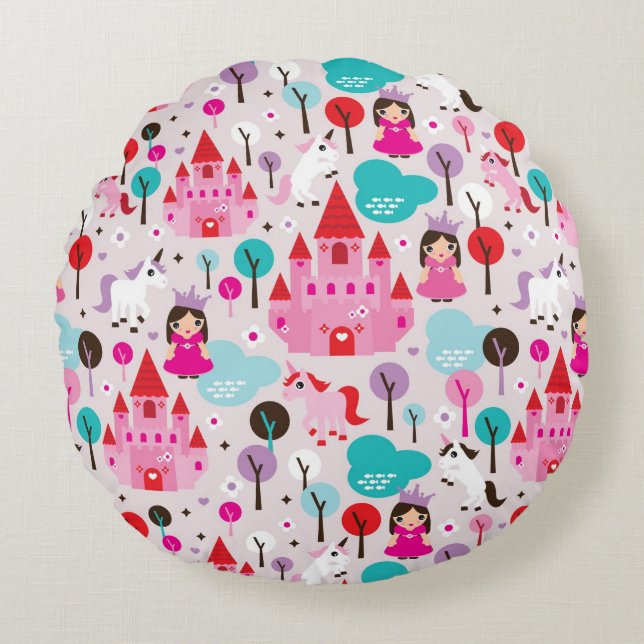 kids princess castle and unicorn round cushion (Front)