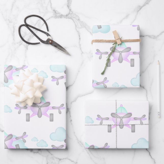 Kids Purple Airplane Flying Aviation Birthday Wrapping Paper Sheet (Front)