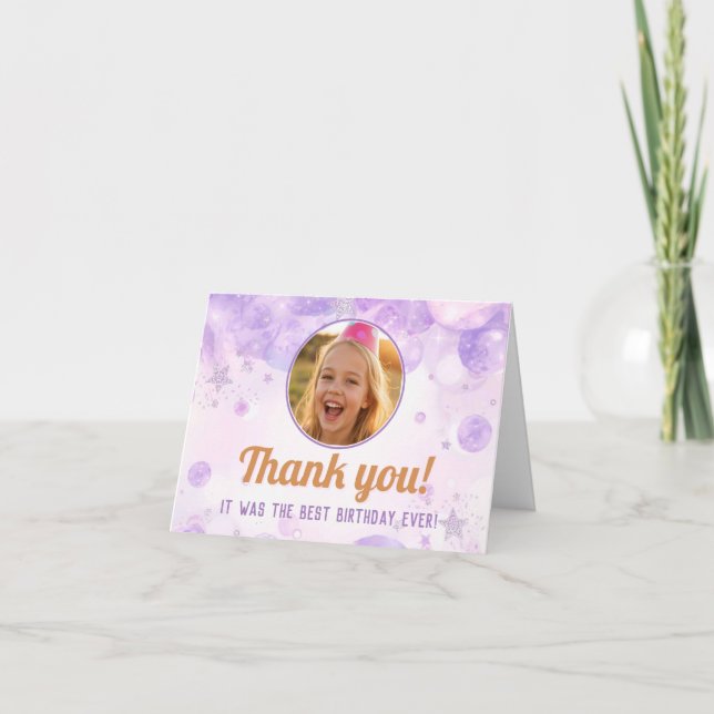 Kids Purple Bubbles Glitter Stars Photo Birthday  Thank You Card (Front)