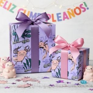 Kids Purple & Green Underwater Axolotl Drawing Wrapping Paper