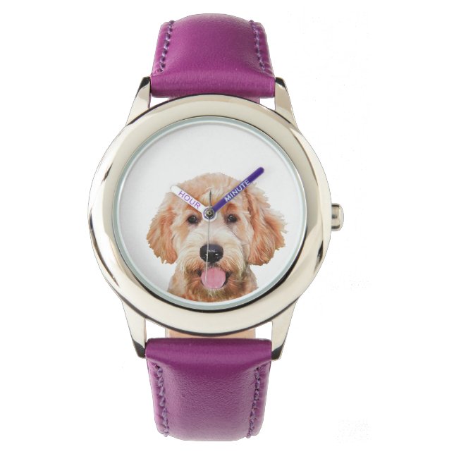 Kid's  Purple Leather Strap Watch w/ golden doodle (Front)