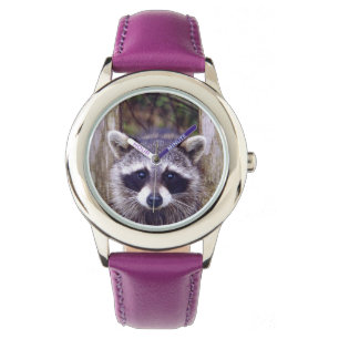 Kid's Purple Leather Strap Watch w/ racoon