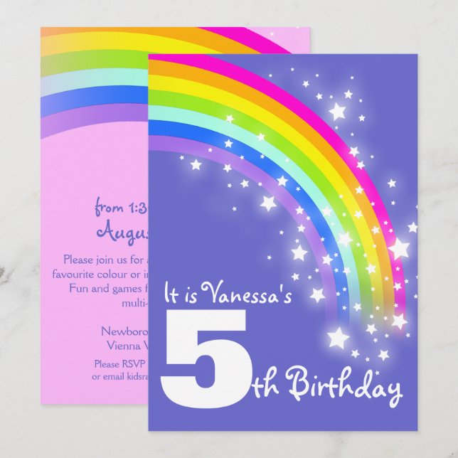 Kids purple pink rainbow 5th birthday invite (Front/Back)