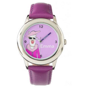 Kids Purple Strap Cute Lady Llama Watch