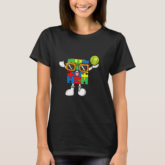 Kids Puzzle Piece Playing Tennis Autism Awareness  T-Shirt (Front)