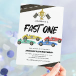 Kids Race Car 1st Birthday Invitation<br><div class="desc">Boys racing 1st birthday invitations featuring a simple white background,  4 watercolor race cars,  roads,  chequered flags,  a trophy,  and a kids birthday celebration template that is easy to customise.</div>