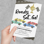 Kids Race Car Any Age Birthday Invitation<br><div class="desc">Boys racing car birthday invitations featuring a simple white background,  4 watercolor race cars,  roads,  chequered flags,  a trophy,  and a kids birthday celebration template that is easy to customise.</div>