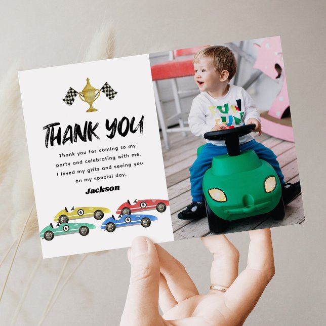 Kids Race Car Birthday Photo Thank You Card (Creator Uploaded)